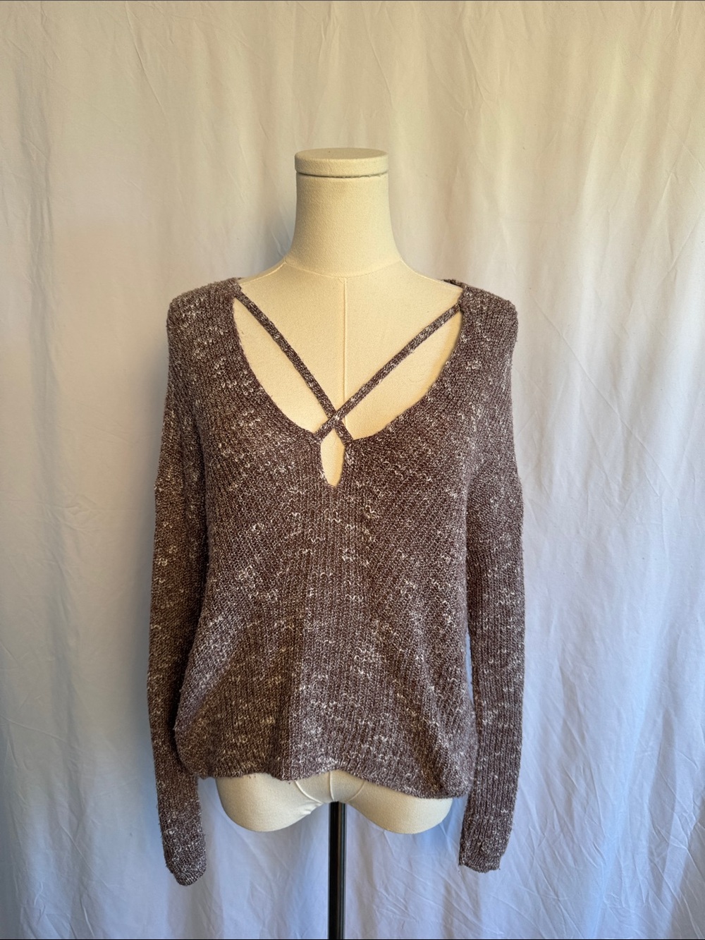 Express Brown Marled V-Neck Sweater with Crisscross Straps